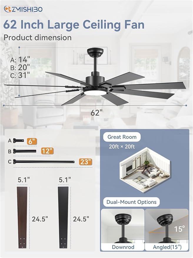 ZMISHIBO 62" Ceiling Fans with Lights for Patio, Living Room, Remote | High CFM Powerful Airflow, Quiet DC Motor, 24W 3 CCT LED, Indoor/Covered Outdoor, Dual-Finish, Damp Rated, Black