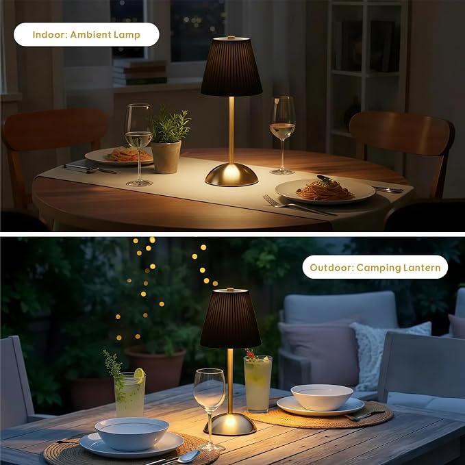 2-Pack Cordless Table Lamps Rechargeable, Battery Mini LED Lamps | Small Wireless Lamps for Tables, Restaurant Table Lamps Dimmable, Black Pleated Touch Lamp with USB for Bedside, Outdoor Use