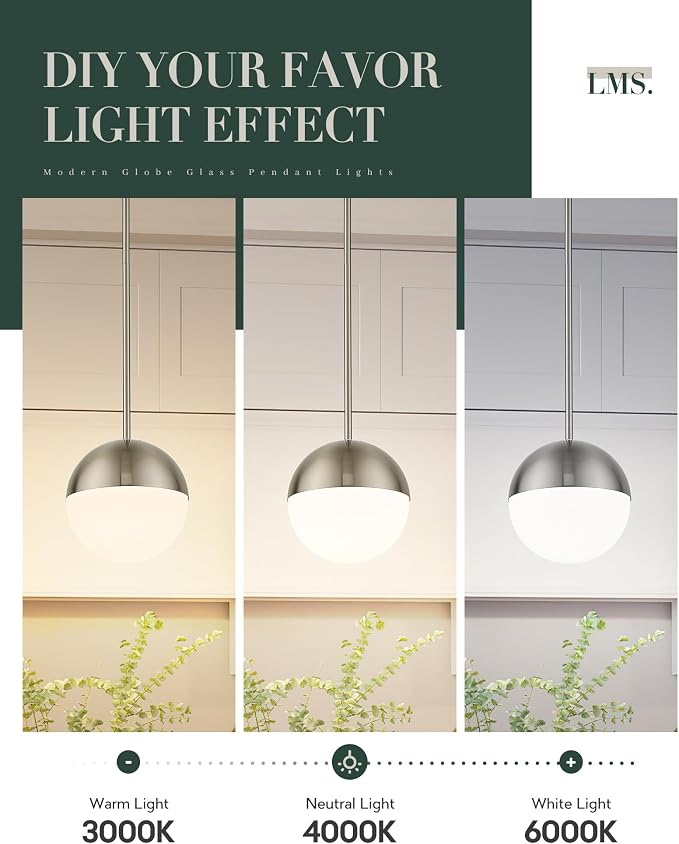 2 Pack Modern Pendant Lights, Mid Century Brushed Nickel Kitchen Lighting with White Globe Glass Shade, Adjustable Hanging Light Fixtures Ceiling Light for Home Office Dining Room, LMS-186BN2PK