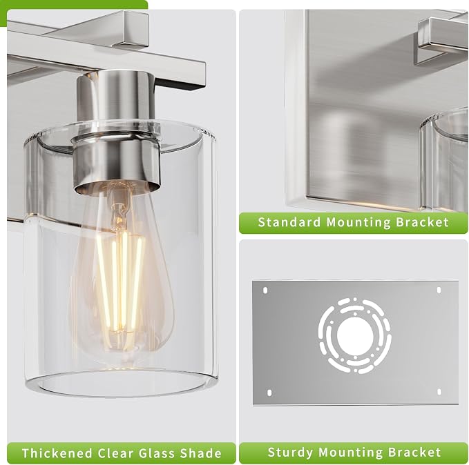 3-Light 21inch Brushed Nickel Vanity Light, Thickened Clear Glass | Over Mirror for Bathroom, Rust Resistant, E26 Base, Easy Install, Removable Glass Shade Horizontal Mount, Dimmable