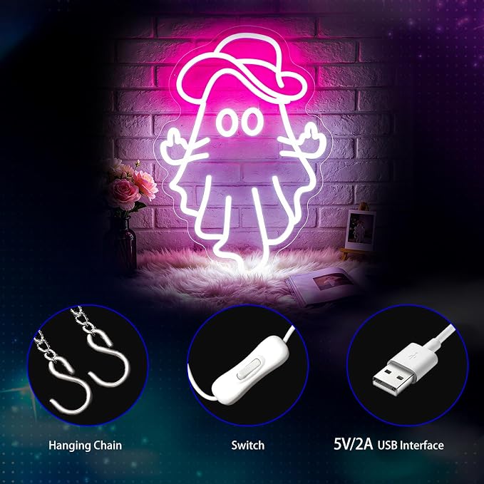 Neon Sign, Ghost Neon Signs for Wall Decor LED Signs Neon Light | Cowboy Ghost Neon Sign for Bedroom, Gaming Room, Kids Room, Party, Bar, Halloween Decor, Home Decor, Boys Gift, USB Powered