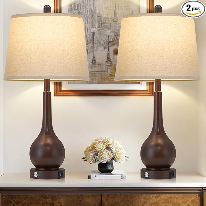 26" Brown Table Lamps Set of 2, Touch Control Bedside Lamps for Bedroom Nightstand, 3-Way Dimmable Farmhouse Lamp for Living Room with Charging Port (2 LED Bulbs Included)