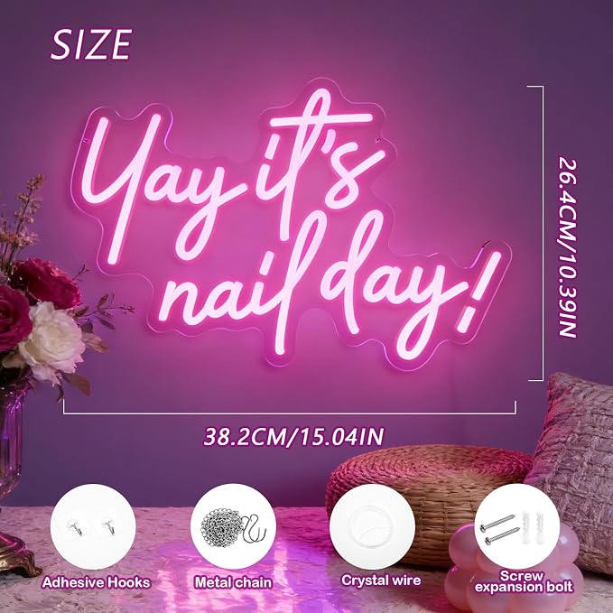 Yay It's Nail Day Neon Sign Pink LED Sign for Nail Salon Beauty Room | Dimmable Nail Day Sign for Girls Bedroom Nail Technicians Beauty Lovers Nail Workspace Nail Station Manicure Room Makeup Room