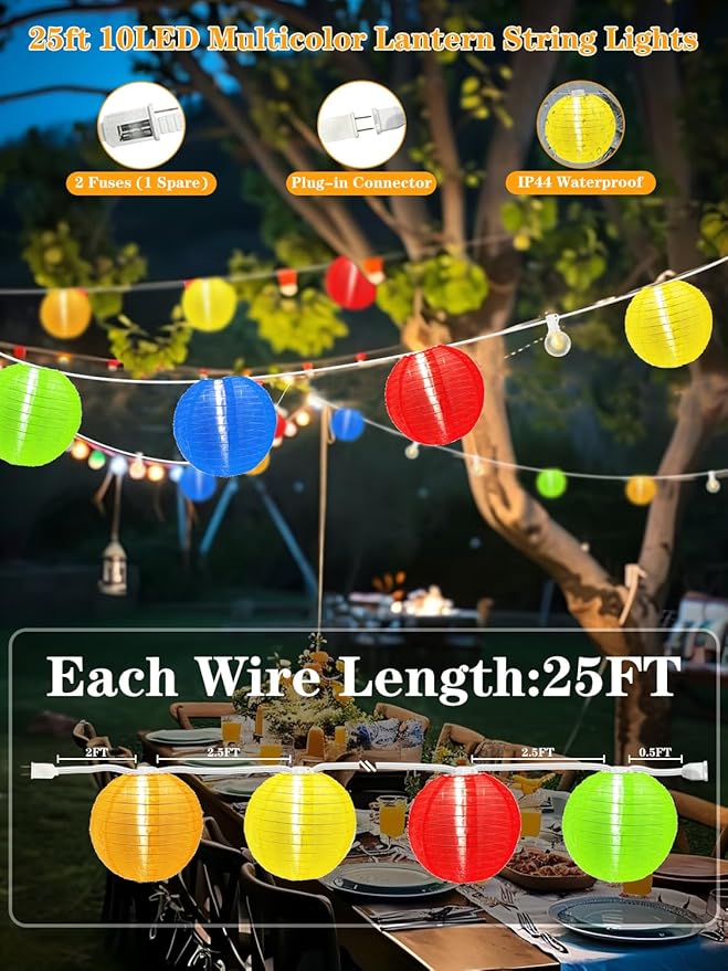 Multicolor Lantern String Lights,25ft 10pcs Chinese Lanterns with G40 LED Light Bulb,Plug-in Nylon Hanging Lanterns Lights for Outdoor,Patio, Backyard, Summer Party,Garden,Festival