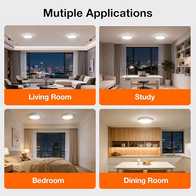 Sylvania 12" LED Flush Mount Ceiling Light Fixture, 24W, 1600 LMS, Hardwired, 3000K, Warm White, White, LED Lights for Bedroom Kitchen Hallway Porch - 1 Pack (66460)