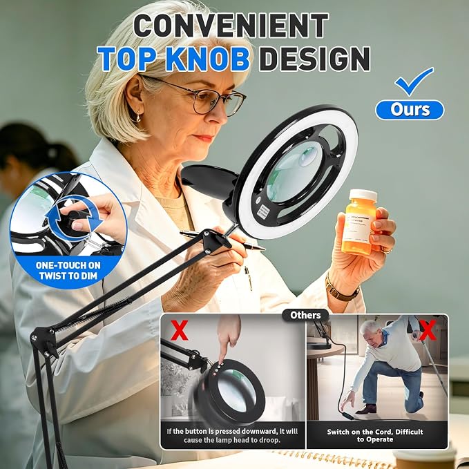12X 30X Magnifying Glass with Light, KIRKAS 2,200 Lumens LED Magnifier Lamp | with Clamp, Stepless Dimmable Real Glass Lens, Adjustable Arm Workbench Light for Close Work Hobby Repair Craft - Black