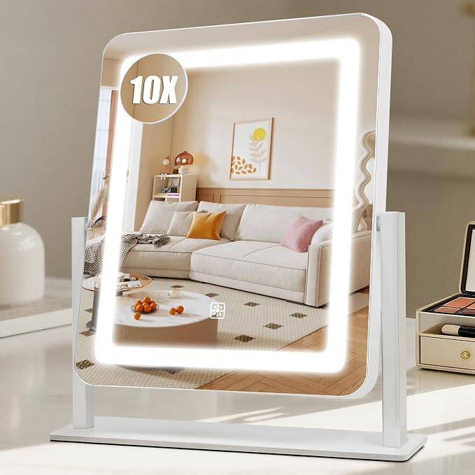 Rechargeable Vanity Mirror with Lights, 3000mAH Battery, 15"×12.2" LED Makeup Mirror, 10X Magnification, Smart Touch with 3-Color Lighting, 360° Rotation, Lighted Up for Makeup Desk, Bedroom (White)