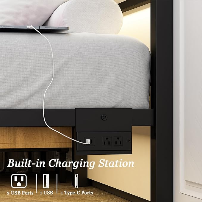 Twin Bed Frames with Charging Station & LED Lights, Metal bed frame twin size with Headboard and Footboard, Heavy Duty Slats Support Platform, No Box Spring Needed, Noise Free, Easy Assembly, Black