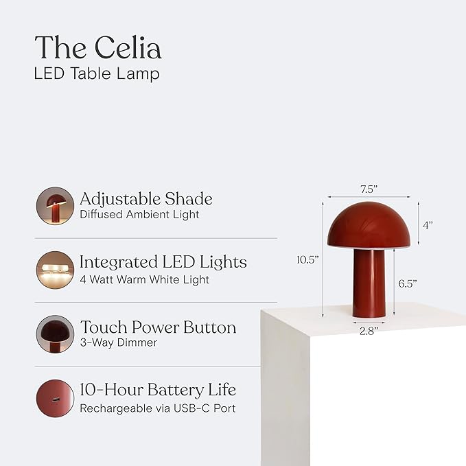 Brightech Celia Mood Lamp – 10" Touch-Controlled Mushroom Table Lamp, Cordless & Dimmable LED, Portable & Rechargeable Bedside Night Light, Sustainable Recycled Modern Patio Lamp for Home Décor – Red