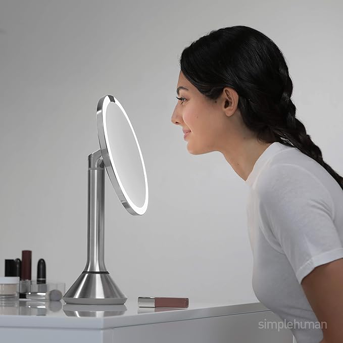 simplehuman Sensor Mirror, Lighted Makeup Mirror with Magnification (5X), 8" Round Magnifying Vanity Mirror with Lights, Cordless, Rose Gold Stainless Steel
