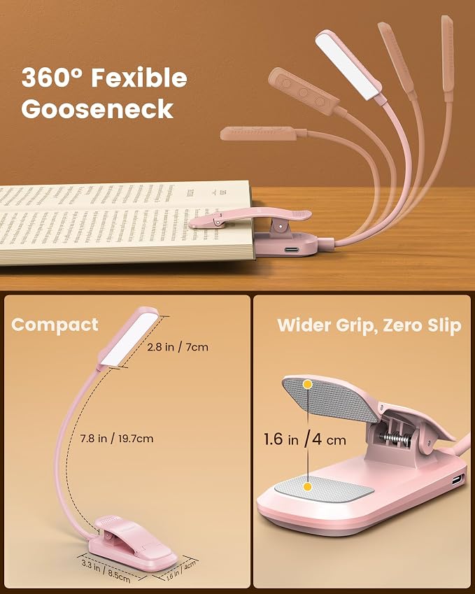 Glocusent 13 LED Book Lights for Reading at Night, Gifts for Book Lovers | Rechargeable Eye-Caring 3 Amber Colors Stepless Dimming, Travel Clip-on Lamp, Christmas Stocking Stuffer Reader Men Women Kid
