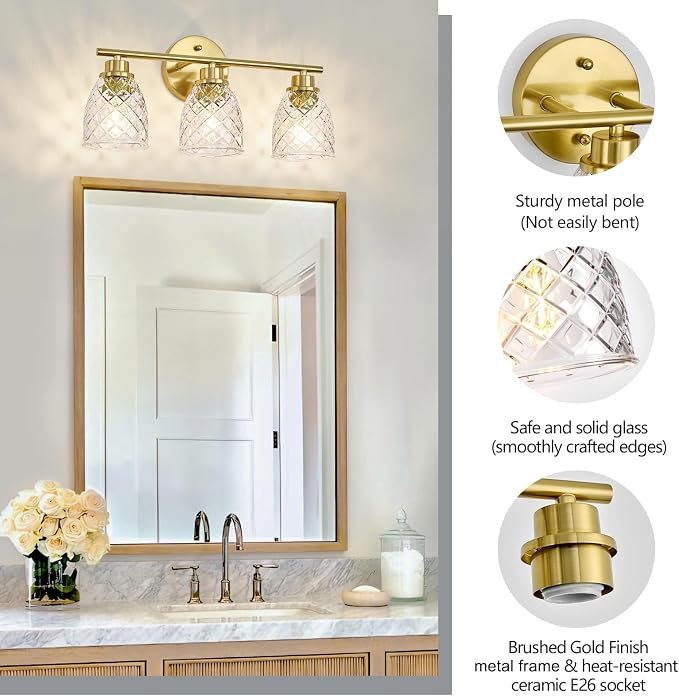 3-Light Bathroom Light Fixtures, Brushed Gold Vanity Lights Over Mirror | Modern Farmhouse Wall Sconces with Hammered Glass Lampshade for Kitchen Hallway Bedroom Living Room Cabinet Porch-18.1IN