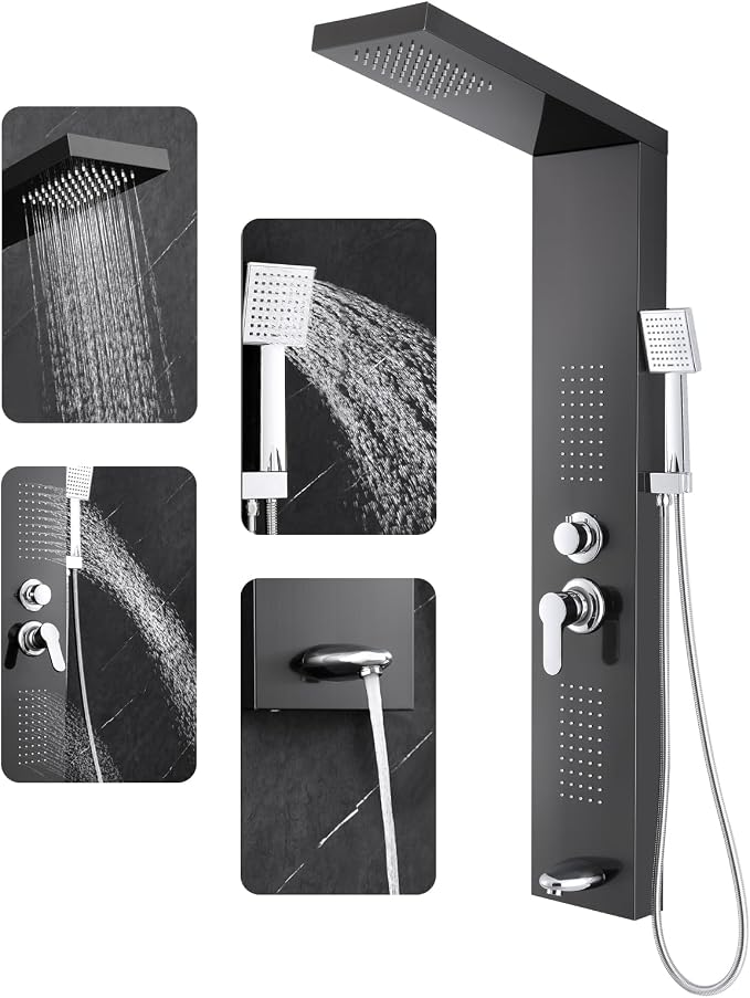 ROVOGO Shower Panel Tower System with 4 Shower Modes, 46.5", No Led Lights | Rainfall Shower Head, 2 Body Jets, Handheld and Tub Spout, Stainless Steel Shower Column with Brass Mixing Valve, Black