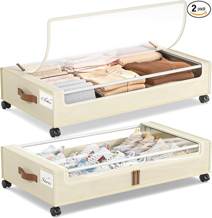 Yecaye 60L Under Bed Storage Containers with Wheels, 2 Pack Under Bed Storage Containers, Underbed Shoe Storage with Clear Window & Label, Rolling Under Bed Metal Drawer for Shoes, Clothes, Beige