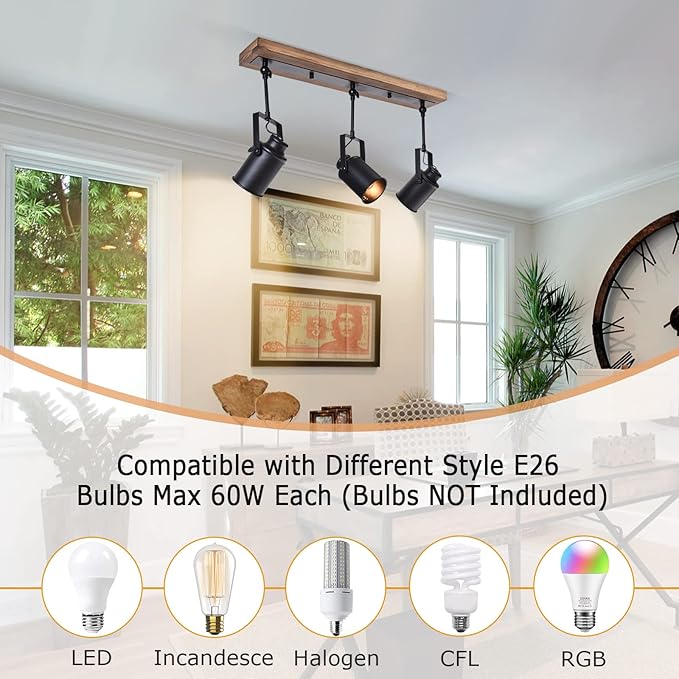 Lingkai Track Lighting Fixture, Farmhouse 3-Light Black Wood Kitchen Spotlight Industrial Adjustable Heads Ceiling Light for Kitchen Living Room Dining Room