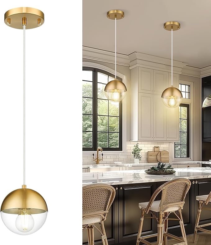 6-inch Modern Pendant Light, Brushed Gold Industrial Kitchen Island Pendant Light with Clear Globe Glass, Adjustable Hanging Pendant Light Fixtures for Dining Room Living Room, LMS-186BGCS