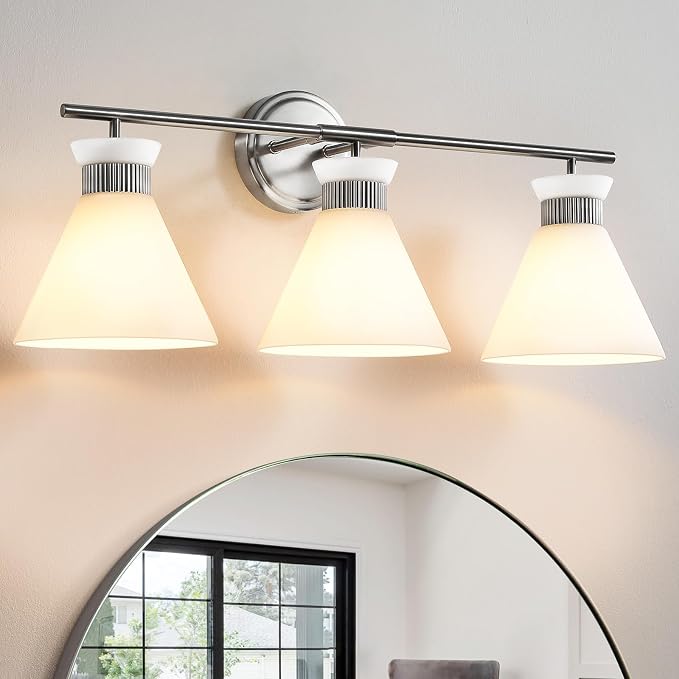 WOSHITU Nickel Bathroom Vanity Light Fixtures: Vanity Lighting Fixtures Over Mirror 23.4 inch with Milky White Frosted Glass, 3-Lights Vanity Light Above Mirror Bathroom Wall Light(Exclude Bulb)
