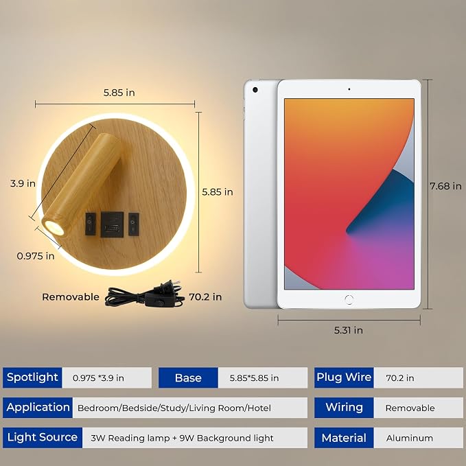 Reading Light for Bed with Plug in Wall Sconce&Hardwired Install | Wall Lamp for Bedroom with USB C+A Ports, Bedside Reading Lamp With 9W Night Light, Wood Color Reading Light Adjustable Angle