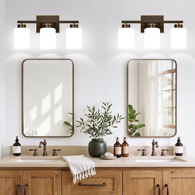 3-Light Bathroom Light Fixtures, Brown and Gold Vanity Light with Milky White Frosted Glass Shades, Modern Vanity Lighting Fixtures for Bathroom, Mirror, Bedroom, Hallway, Living Room