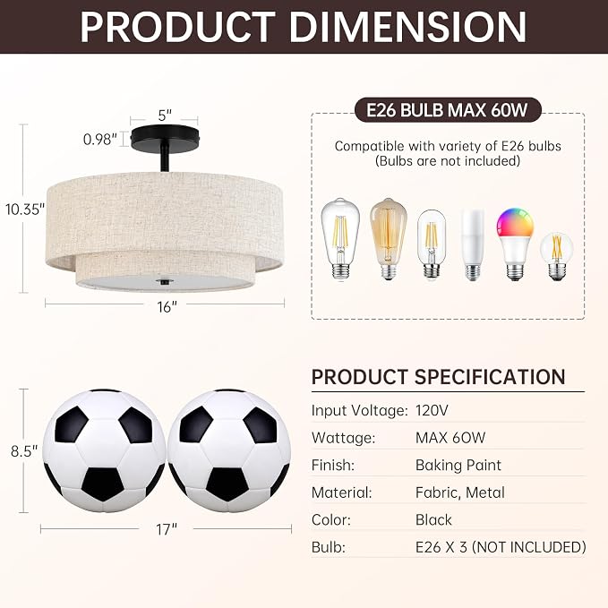 16" Semi Flush Mount Ceiling Light, 3-Light Drum Ceiling Light Fixture | 2-Tier Fabric Linen Shade Design, Farmhouse Chandelier for Dining Room, Living Room, Bedroom, Kitchen, Entryway, Black