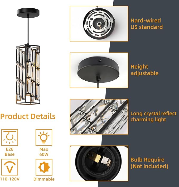 Modern 1-Light Crystal Pendant Light Kitchen Island, Black, 3-Pack | Mini Crystal Chandeliers, Height Adjustable Cord, Ceiling Hanging Lighting for Kitchen Island Dining Room Bedroom