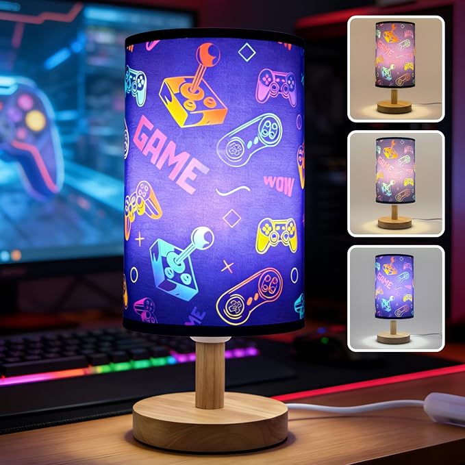 Video Game Table Lamp,Gaming Lamp for Bedroom Boys Gaming Lights,3 Colors Mode Nightstand Night Light with Cartoon Lampshade Kids LED Desk Lamp for Home Gamer Room Decor Gifts for Gamers