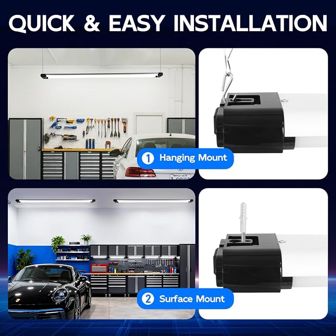 hykolity 4FT Linkable LED Shop Light,44W 4600LM 5000K Daylight,4 Pack | Plug-in Hanging/Surface Mount Utility Light, Daisy Chain Shop Lights for Garage,Workshop,Warehouse,Utility Room,Black