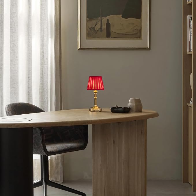 KDG Gold Cordless Table Lamps Set of 2, Red Fabric Shade Small Desk Lamp | Portables 4000mAh Battery Powered, LED Lighting, 2700K Stepless Dimmable, Light for Living Room, Dining Room, Bedroom