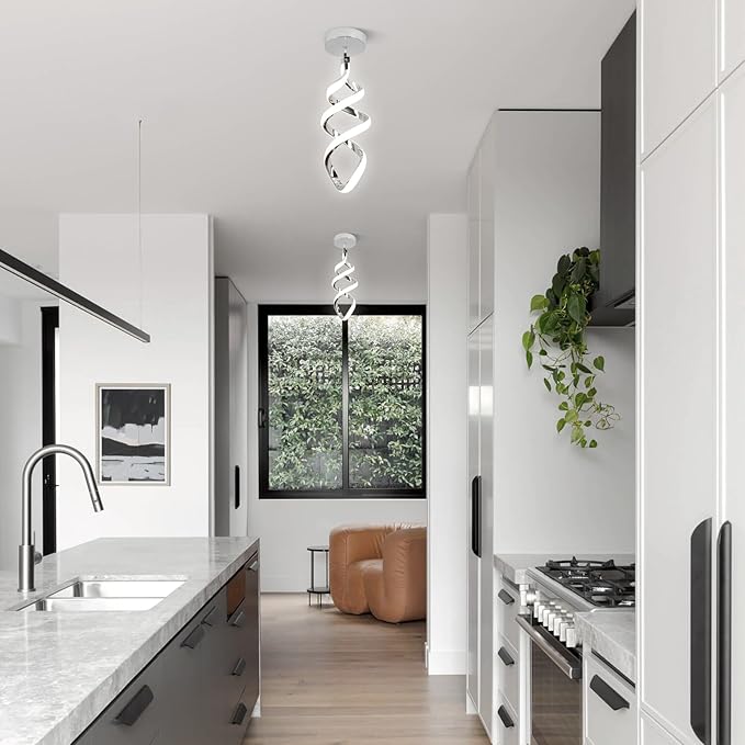 Modern Led Pendant Light Fixture, 15W Chrome Spiral Led Chandelier Hanging Lamp, 4500K Daylight White Pendant Lamp, Adjustable Height Pendant Light for Kitchen Dining Room Bedroom Kitchen Island Cafe