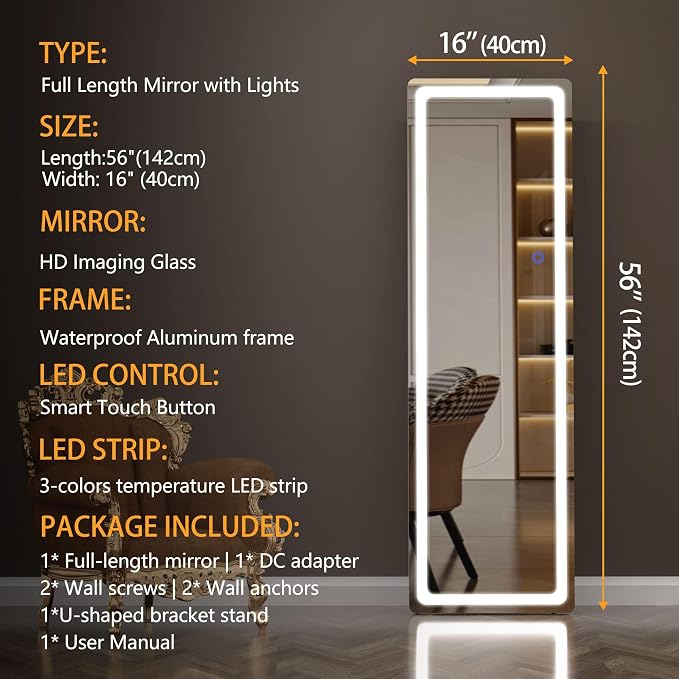 Hasipu Full Length Mirror with Lights, 56" x 16" LED Floor, Full Body Dressing Standing, Hanging Mounted Mirror, Round Black