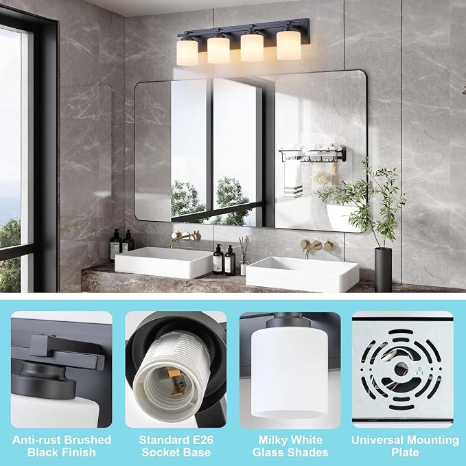 Modern Bathroom Light Fixtures Over Mirror, Vanity Lights for Bathroom Wall Sconces with Milky White Glass Shades, E26 Socket (Bulbs Not Included), 4 Light, Black