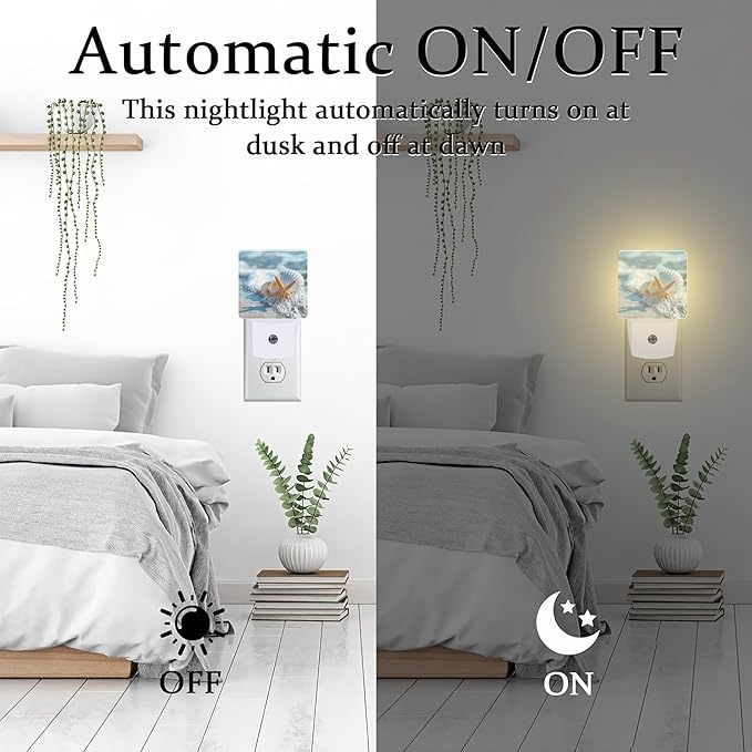 Starfish Seashell on Beach Night Light Plug into Wall, Summmer Ocean Beach Dusk to Dawn Night Light,0.5w Energy Saving Sleep Friendly Nightlights for Kids Boys Girls Home Decor