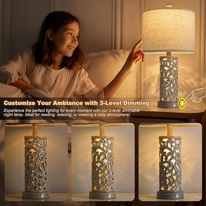 22" Dual Light Table Lamps Set of 2, Touch Lamp with 3-Level Dimming, Lamps for Bedroom with USB A+C Charging Ports, Farmhouse Lamps for Living Room and Night Stands