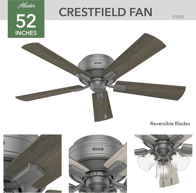 Hunter Crestfield, Indoor, Ceiling Fan, Quiet, 52 inch, Matte Silver | with LED Lights and Pull Chain, Low Profile Flush Mount, 5 Blades, For Bedroom, Living Room, Kitchen, 51020