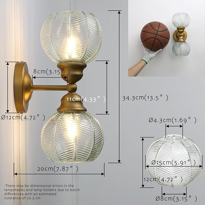 Pathson 2-Lights Vintage Wall Sconce with Green Leaf-Pattern Globe Glass, Double-Head Bathroom Vanity Lights Over Mirror, Brass Vintage Bathroom Sconce Lamp for Living Room Bedroom Above Mirror