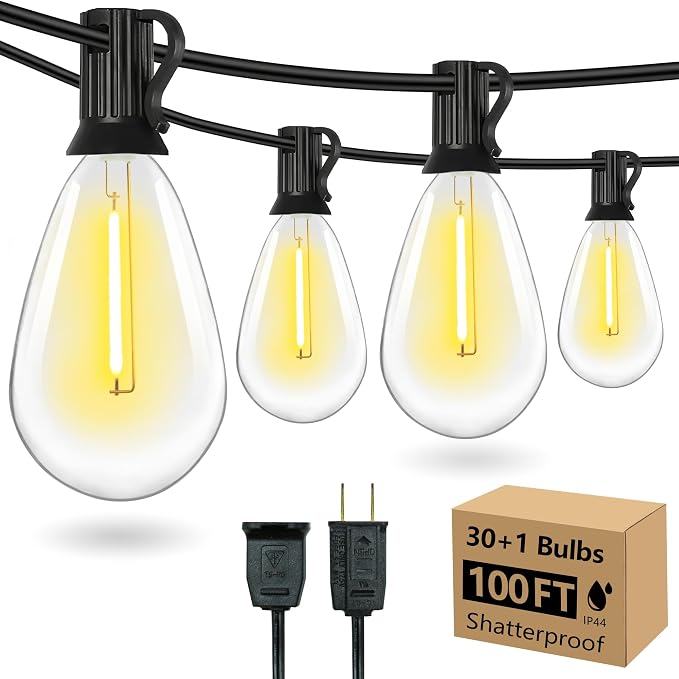 100FT S14 E12 Outdoor String Lights Waterproof Patio 30+1 (1 Spare) bulb | Outside Hanging Shatterproof S14 E12 LED Light Bulb for Parties Porch Garden Fences Backyard Outdoor Indoor