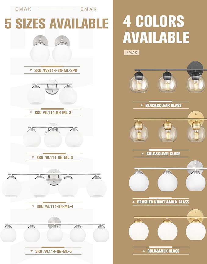 Emak Brushed Nickel Vanity Light, 37 Inch Globe Bathroom Light Fixtures with Milk Glass Shade, Modern 5-Light Vanity Lights for Bathroom, Mirror, VL114-BN-ML-5