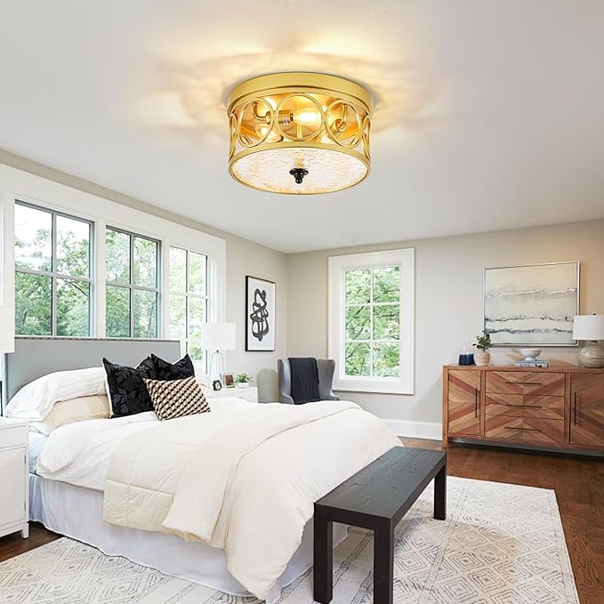 3-Light Flush Mount Ceiling Light Fixtures,11.2in Gold Metal Farmhouse Ceiling Lighting with Clear Glass & E12 Socket,for Kitchen Island, Bedroom, Entryway, Dining Room