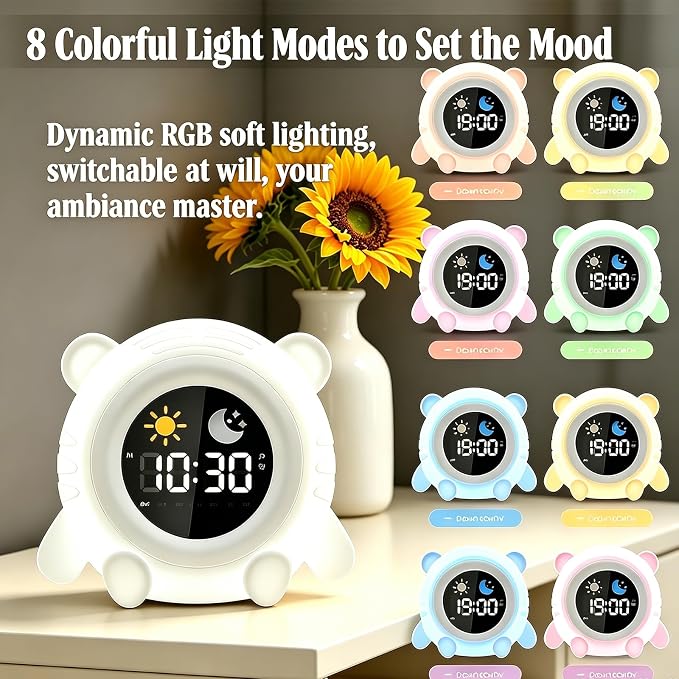 Egg Cartoon Ok to Wake Alarm Clock, White Noise Tap Night Light for Room | 6 White Noise Sounds, 8 Light Modes, Dual Alarm & Snooze, Dimmable LED, Type-C Rechargeable, 12/24 Hour Display