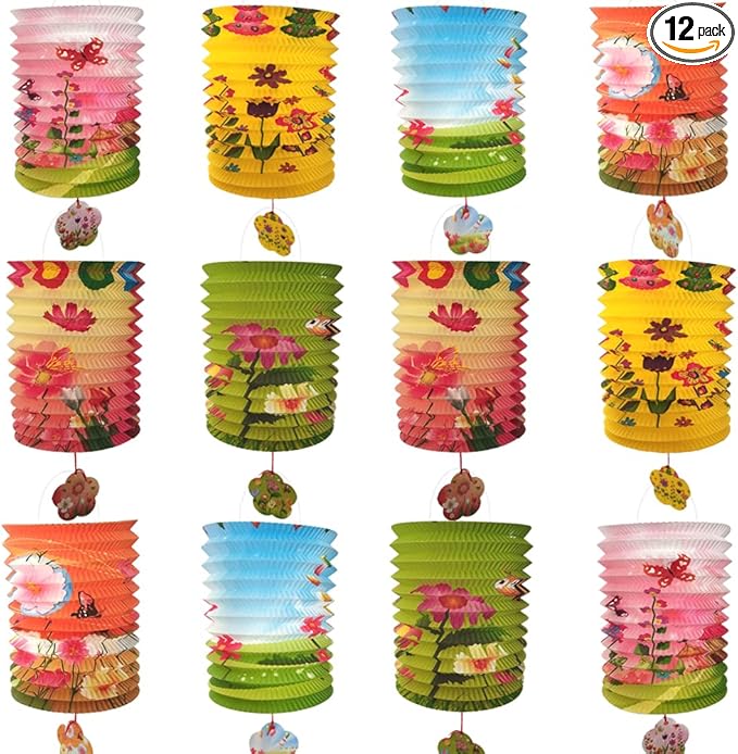 12Pack Chinese Japanese Hanging Paper Lanterns, Colorful Asian Chinese Flower Lanterns Lamp Shades, Festival Decoration for Chinese Lunar New Year, Celebration, Oriental Party