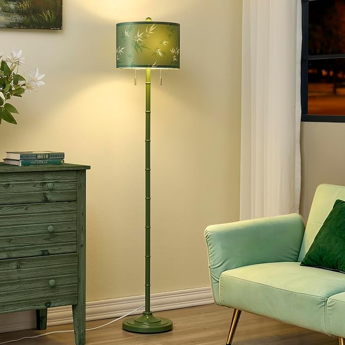 Upgraded 2-Light Mid Century Modern Green Floor Lamp for Living Room | 63.5'' Tall Floor Lamp with 3 Color Temp Bulbs, Living Room Lamp with Chain Switch, Standing Lamp for Bedroom, Office, Corner