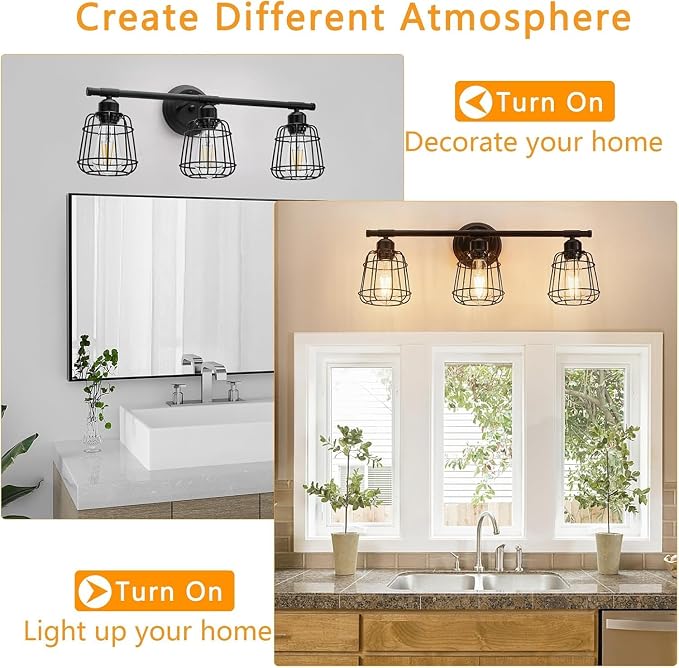 3-Light Bathroom Light Fixtures Over Mirror, Matte Black Bathroom Vanity Light with Cage, E26 Base Farmhouse Wall Sconces for Bedroom Cabinets Living Room, UL Listed