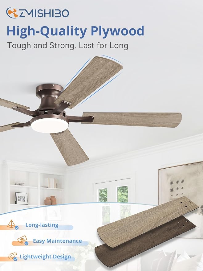 ZMISHIBO 60 Inch Ceiling Fans with Lights, Remote&App Control, Flush Mount | Low Profile, Dimmable 20W LED Light, Quiet Reversible Motor, Strong Airflow, Easy Install for Bedroom/Living Room/Apt, Brown