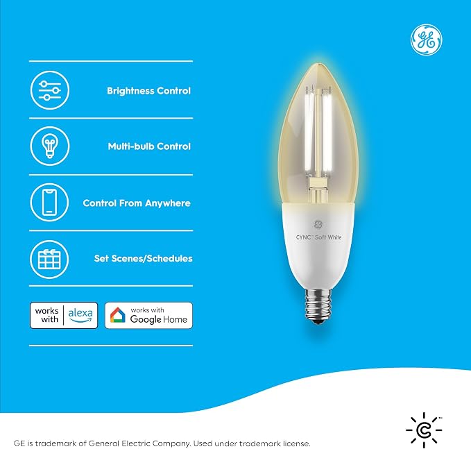 GE CYNC Smart LED Light Bulb, B11 Candle Light Bulb, Works with Amazon Alexa and Google Home, WiFi Light, 60W Equivalent, Soft White, Small Base (Pack of 2)