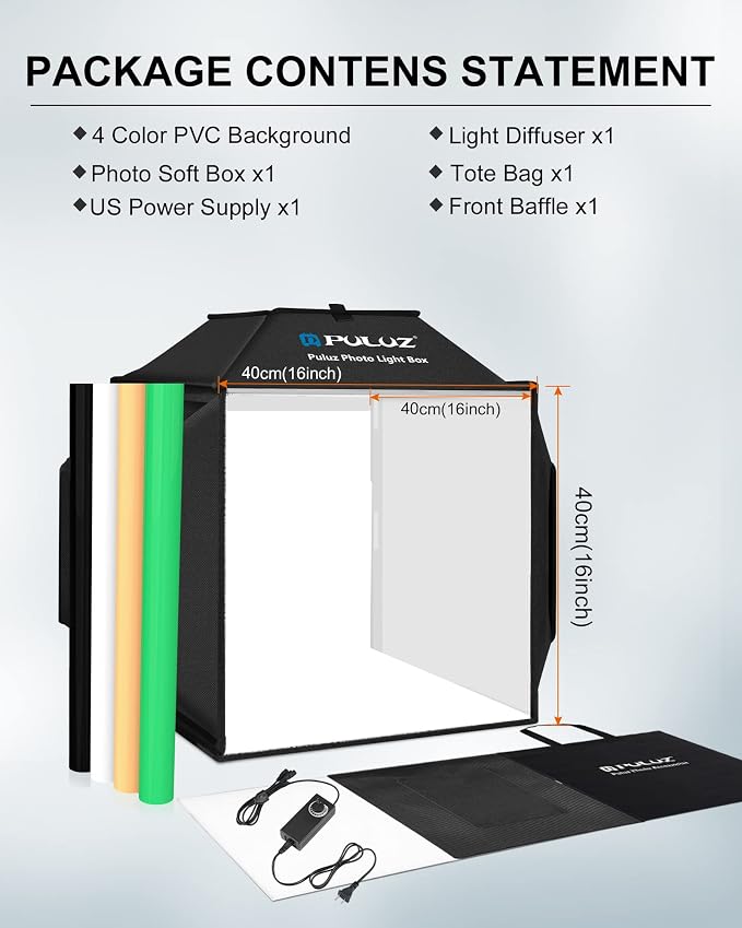 PULUZ Upgraded 16x16 inch Photo Light Box, 480 LEDs Photo Studio Tent Soft Box, CRI 95+ Dimmable Shooting Box with 4 Backdrops for Product Photography