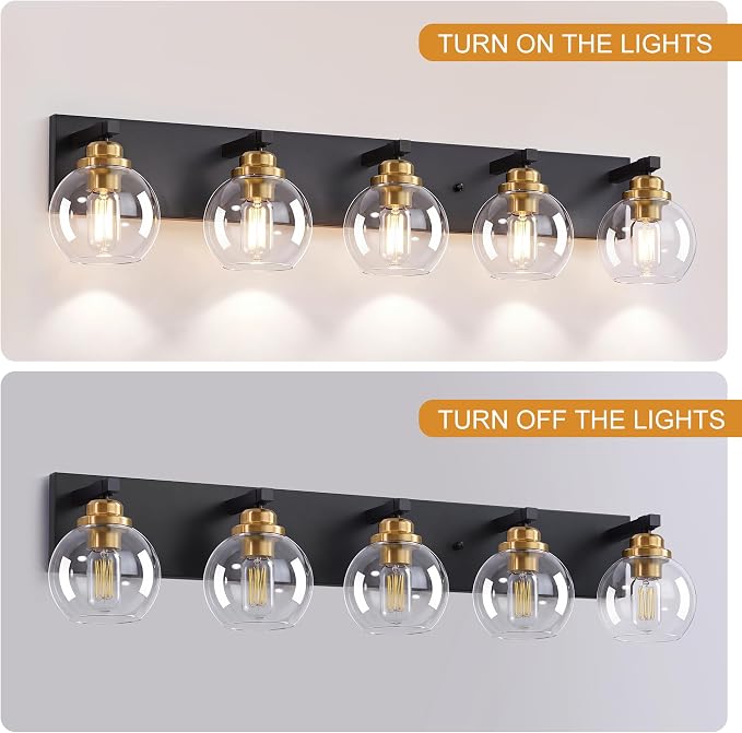 LmnLvn Bathroom Light Fixtures, Farmhouse Black & Gold Metal with Globe | 5-Light Rustic Vanity Lights,Easy To Install, Mounted Over Mirror for Bathroom, Bedroom & Hallway