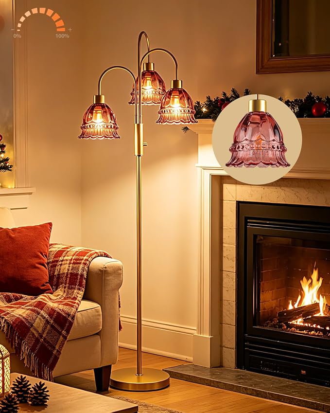 3-Light Glass Floor Lamp with Deep Red Ribbed Glass Shades, 70" Gold Dimmable Tall Standing Lamp with 3PCS 3000K Warm White Bulbs, Modern Tree Pole Lamp for Living Room Bedroom Home Office Corner