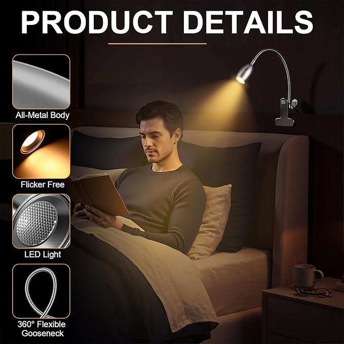 1 Pcs LED Clip on Reading Light for Bed Headboard, 3 Color Dimmable Stepless Book Light with Flexible Gooseneck Clamp Desk Lamp for Reading with USB for Bedroom, Dorms, Office, Studio (Silver)