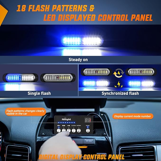 Nilight 8PCS Led Strobe Lights with Controller 12V 24V Sync Feature Blue White Strobe Light 12 LED Surface Mount Emergency Hazard Warning Lights with Strobe Controller for Vehicle Car Truck RV ATV