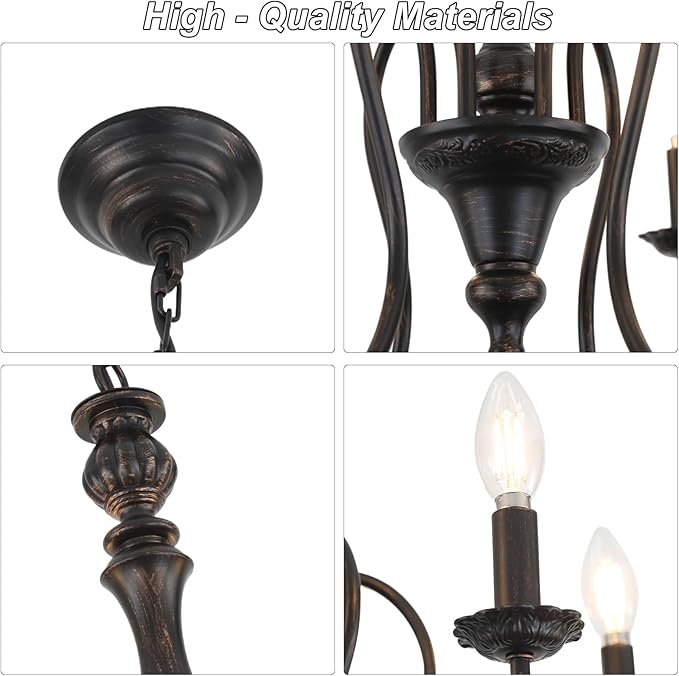 6-Lights Black Chandelier Mid Century Modern Candle Style Orb Oil Rubble Black Chandelier Light Fixture Vintage Chandeliers for Dining Room, Kitchen, Living Room, Bedroom, E12